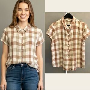 Earthy Beige & Brown Plaid Pattern Short Sleeves Casual Button Down Shirt Blouse